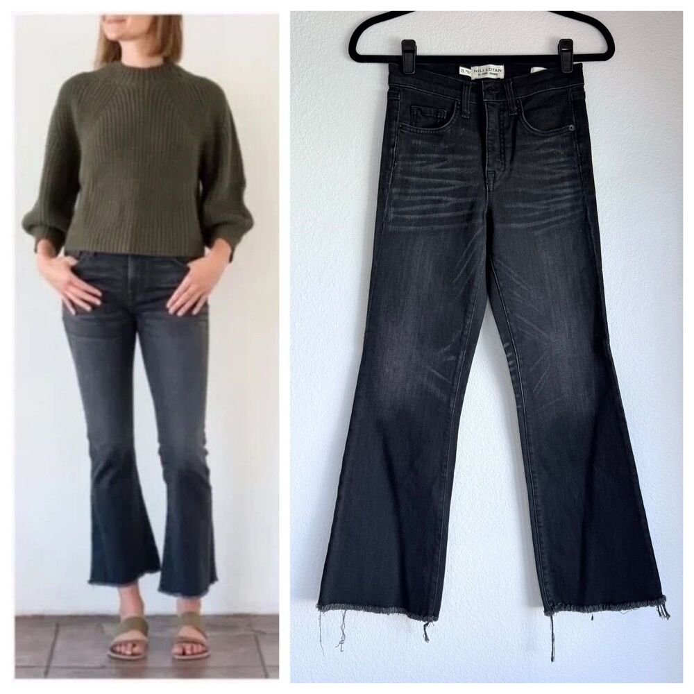 NWOT Nili Lotan High Rise Vianca Flare Raw Hem Jeans in Basalt Wash Faded Black
